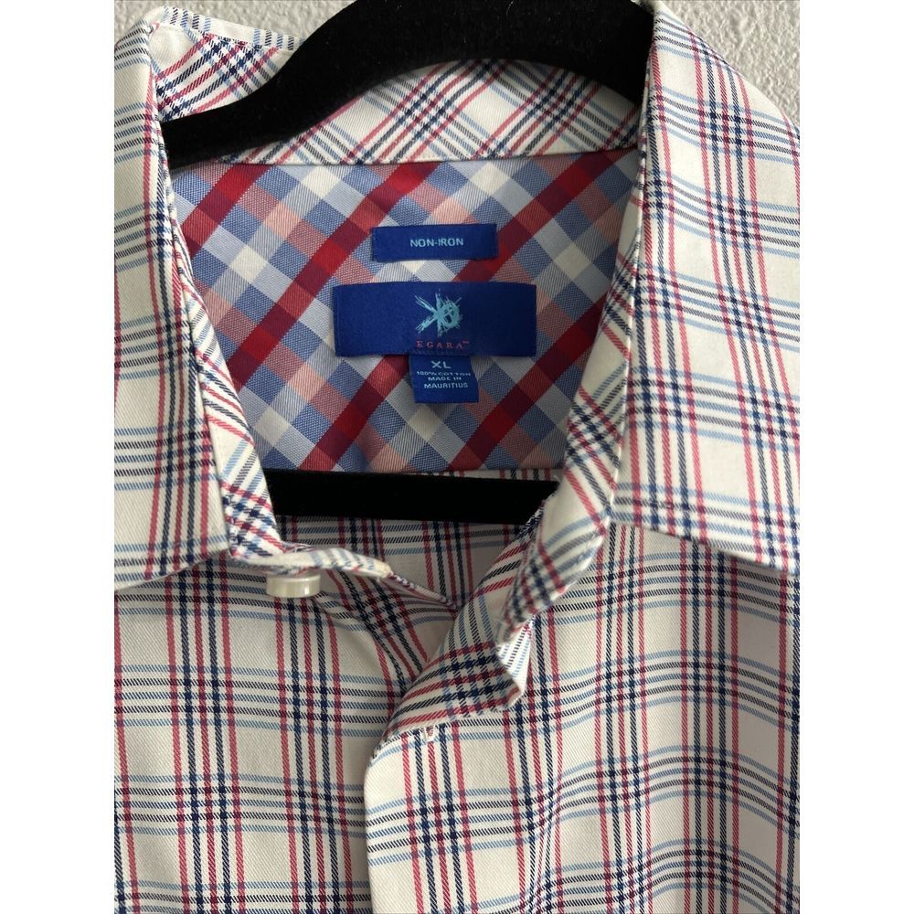 Egara Mens Red White Blue w/checkered Cuff Design Dress Shirt SIZE XL Non-Iron